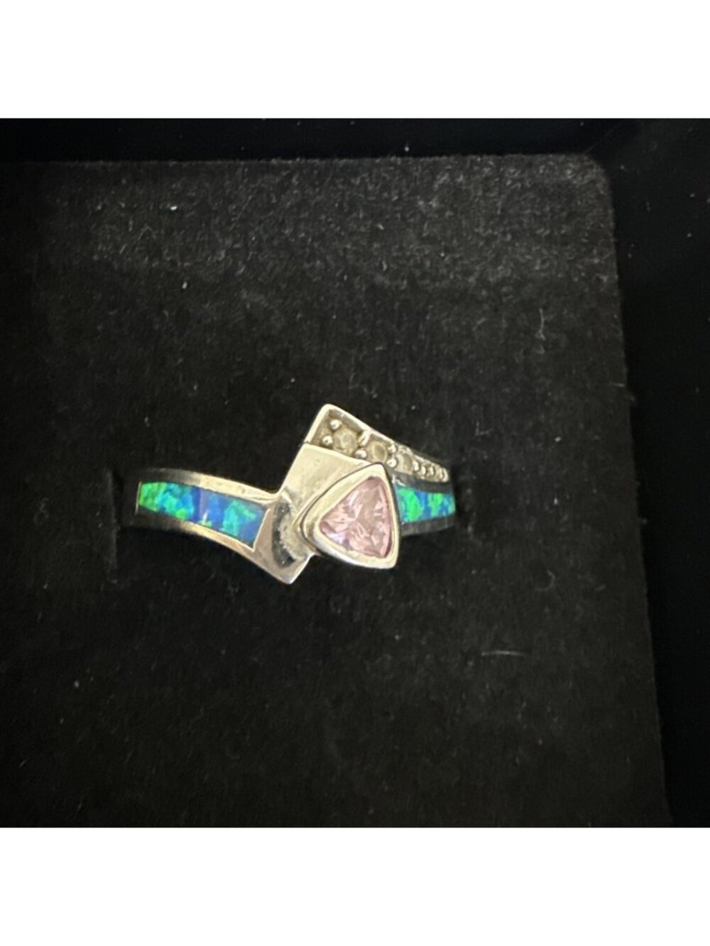 925 Sterling Silver Pink Topaz & Blue Fire Opal Inlay Ring Size 7.75